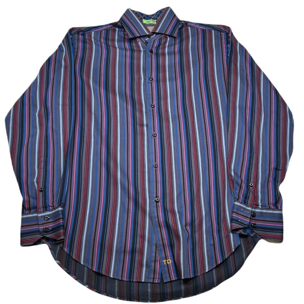 Thomas Dean Striped Shirt Long Mens Medium Purple Blue Multicolor Fun Nightclub‎